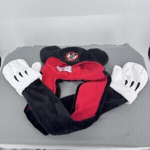 Disney Parks Mickey Mouse Hooded Scarf Gloves‎ Womens Trapper Hat Black Faux Fur